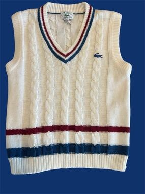 Izod Lacoste Vest Knit S 8-10 Kids Vtg Acrylic V Neck White Tennis